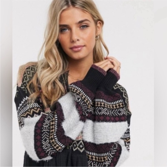 Free People | Women’s Black/Purple/Metallic Cabin Fever Swit FairIsle Sweater XS - Picture 3 of 16